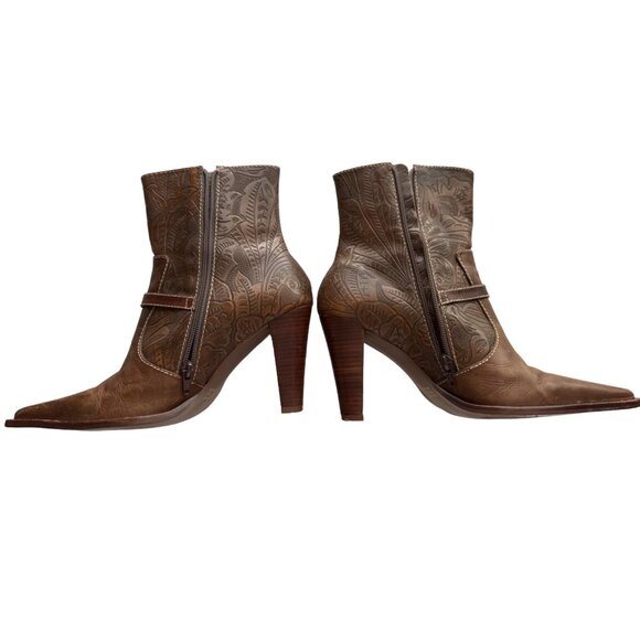 Worthington Brown Embossed Leather Boots Pointed Toe Zip Strap Buckle Size 9.5 - Picture 4 of 10